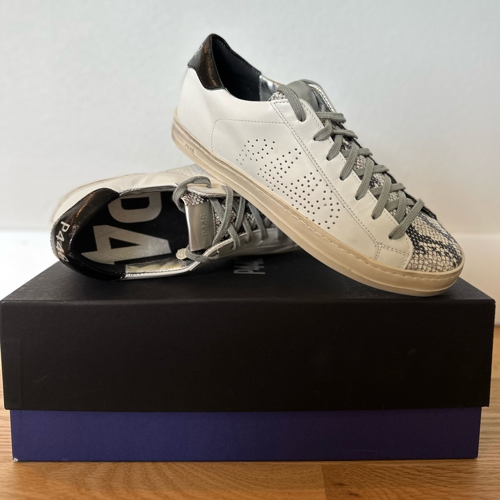 P448 John white/silver python low-top sneaker. Brand New in box! Size: EU 39